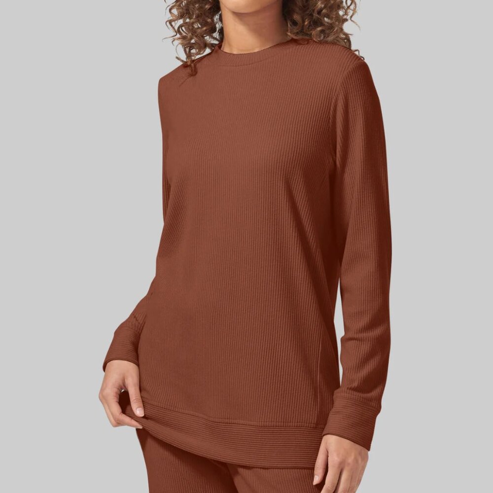 Tommy John Womens Zen Ribbed Long Sleeve Crew Neck Shirt Brown S 4-6 lounge